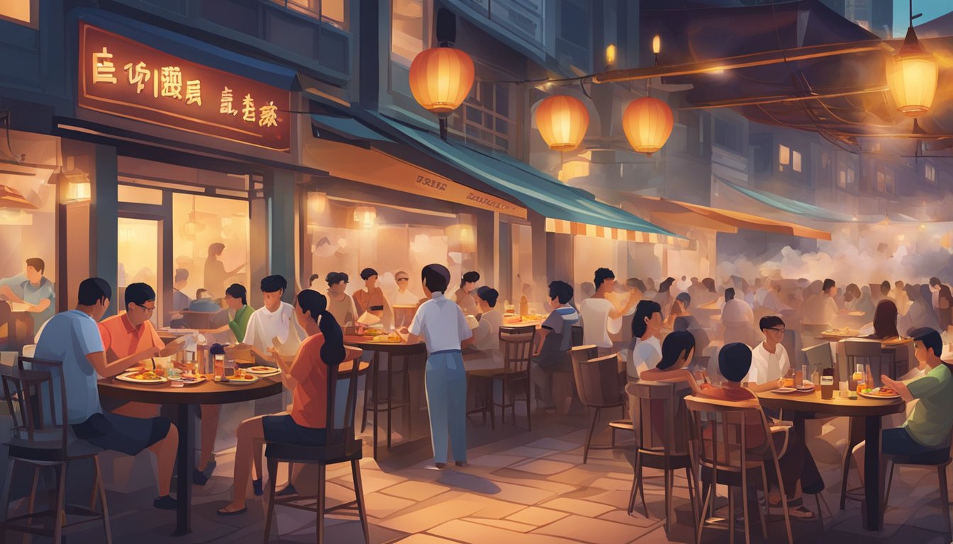 A bustling bbq restaurant in Singapore, with sizzling grills, aromatic smoke, and hungry diners enjoying the lively atmosphere
