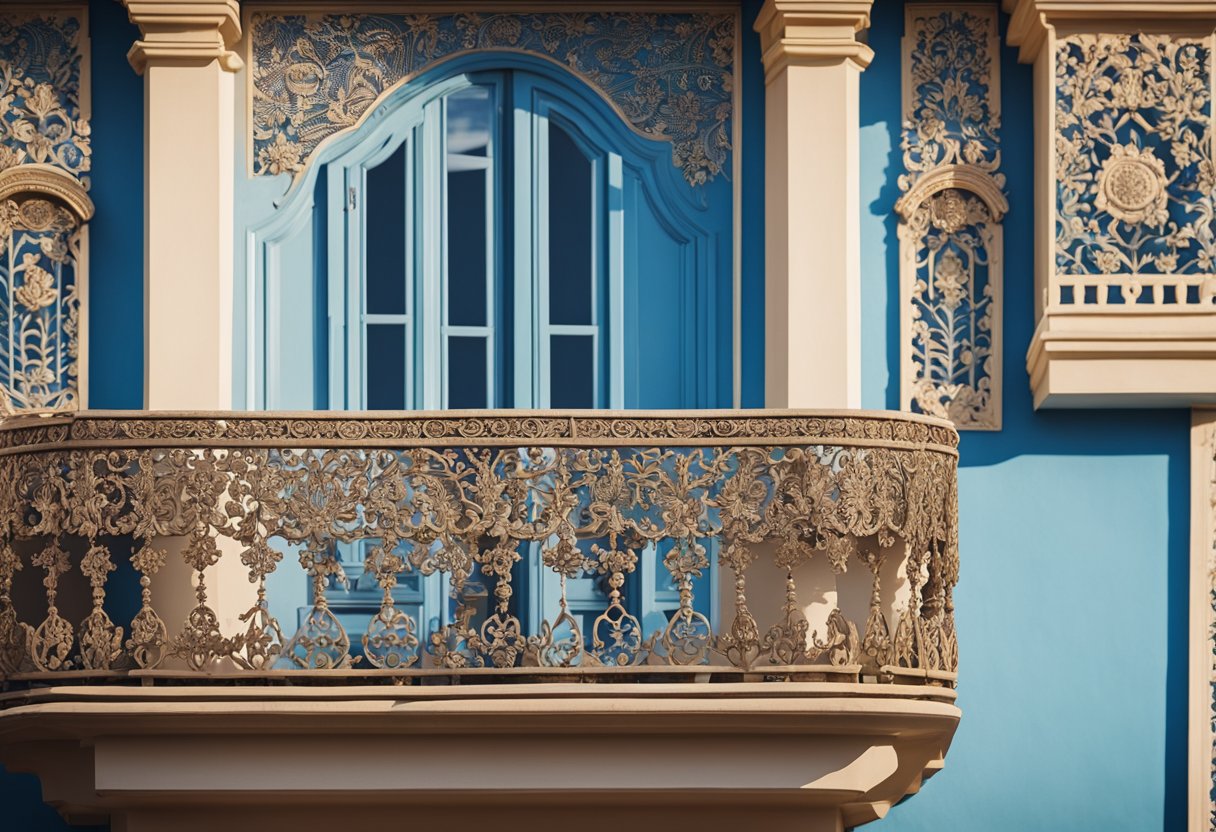 A decorative balcony chajja with intricate floral motifs and ornate carvings against a backdrop of a clear blue sky