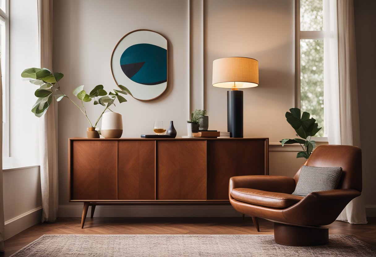 A sleek teak wood sideboard and a vintage leather armchair sit in a minimalist living room with a geometric rug and a retro floor lamp