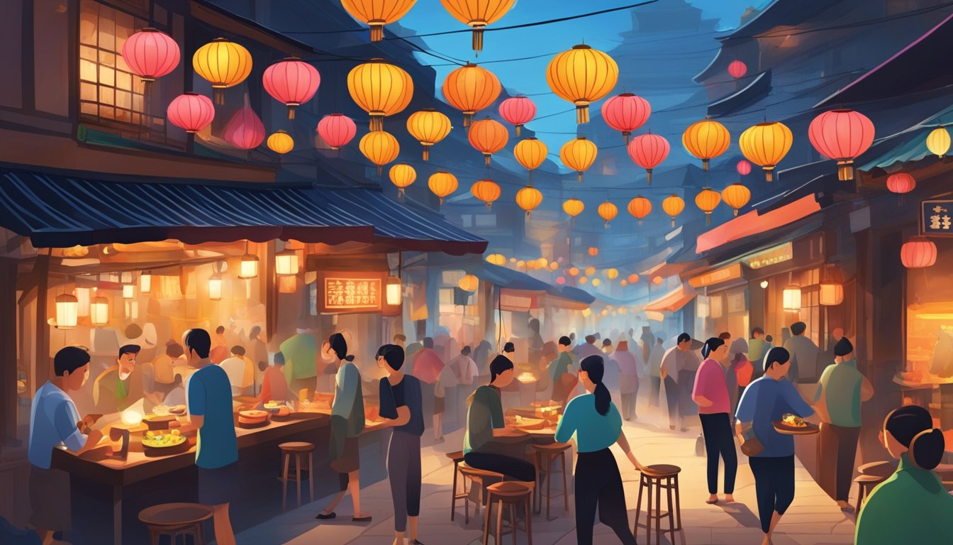 Busy street with colorful lanterns, steam rising from sizzling woks, and the aroma of sizzling spices in the air. People bustling in and out of vibrant eateries, with the sound of sizzling and clinking of chopsticks