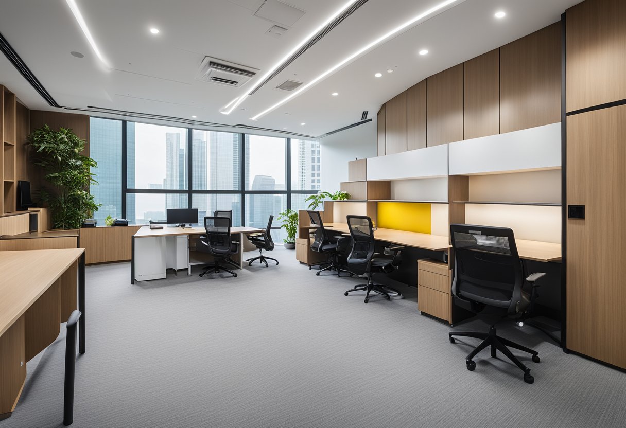 A spacious office with modern furniture and bright lighting, showcasing a sleek and professional design for a budget office renovation in Singapore