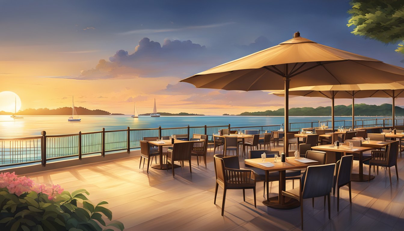 The sun sets over Changi Beach restaurant, casting a warm glow on the outdoor seating area and the calm waters of the beach