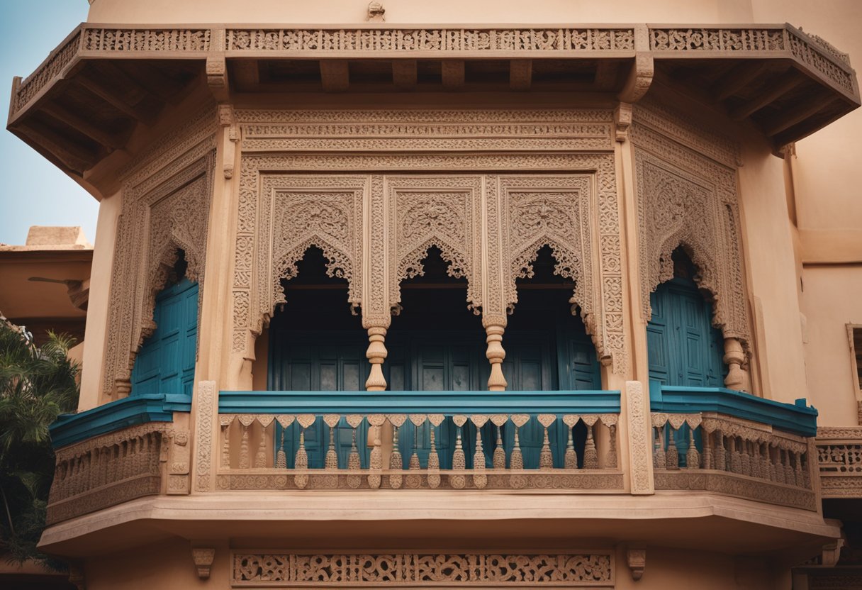 A traditional Indian balcony with ornate chajja design, featuring intricate carvings and decorative elements