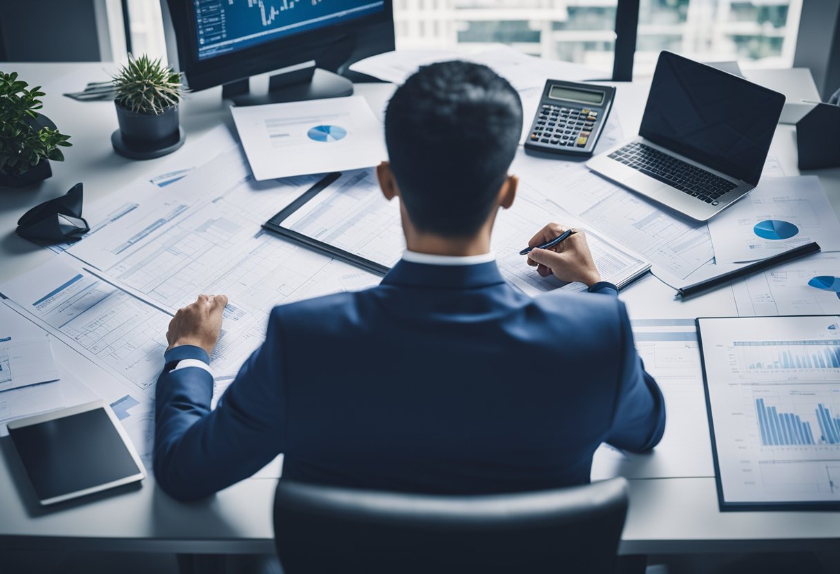 A person sits at a desk, surrounded by blueprints and a calculator. They are carefully planning a budget for an office renovation in Singapore