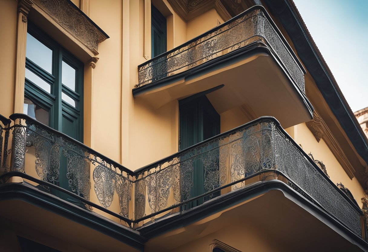 A balcony with a decorative chajja design, featuring intricate patterns and ornate details, providing shade and adding aesthetic appeal to the building facade