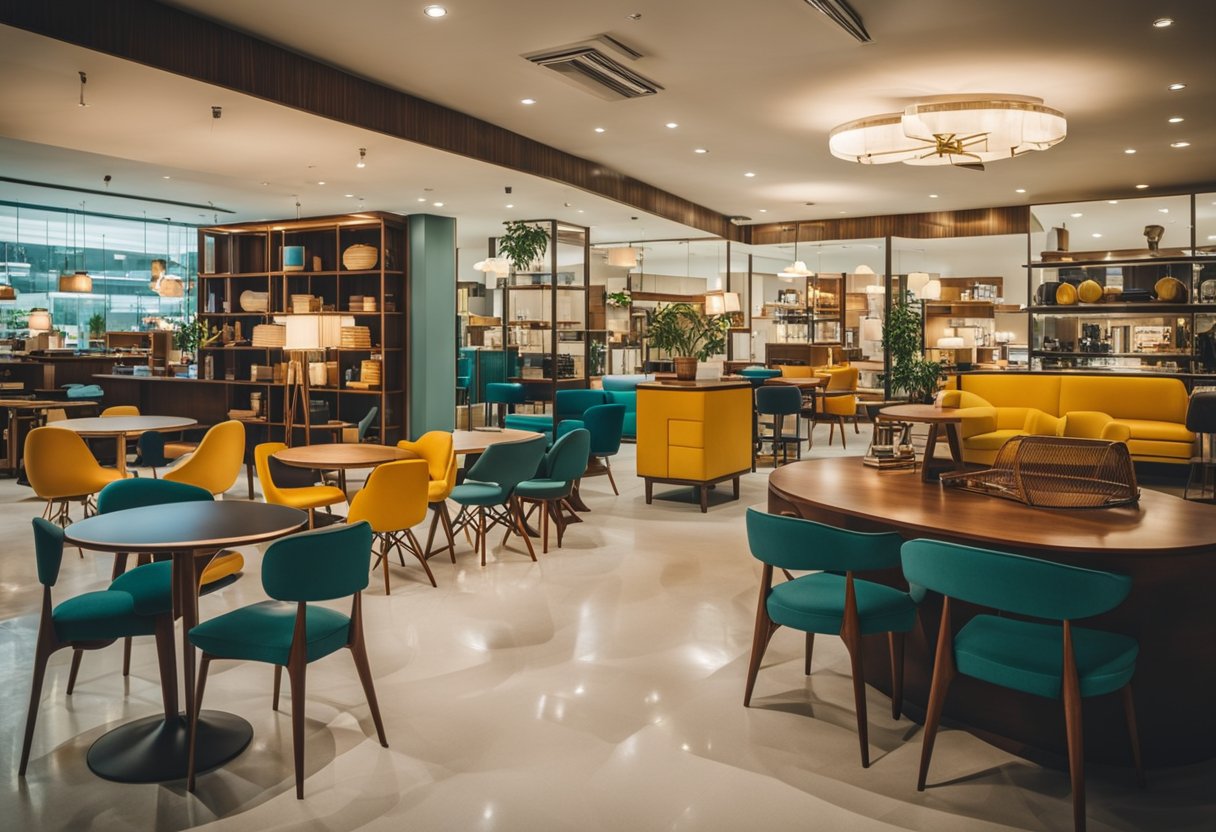 A retro furniture store in Singapore with sleek mid-century designs, vibrant colors, and clean lines. Displayed items include chairs, tables, and cabinets
