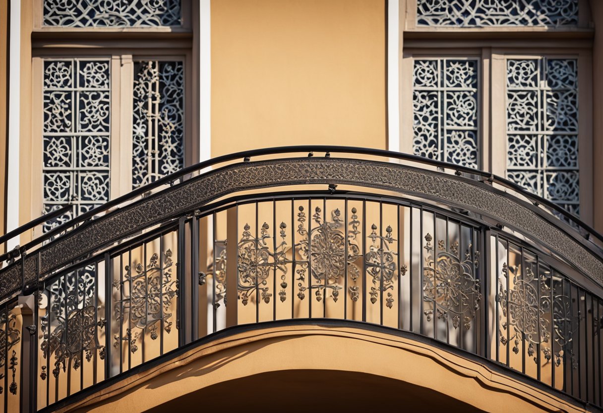 A balcony with a decorative chajja design, featuring intricate patterns and ornate details. The design may include geometric shapes, floral motifs, or traditional Indian architectural elements