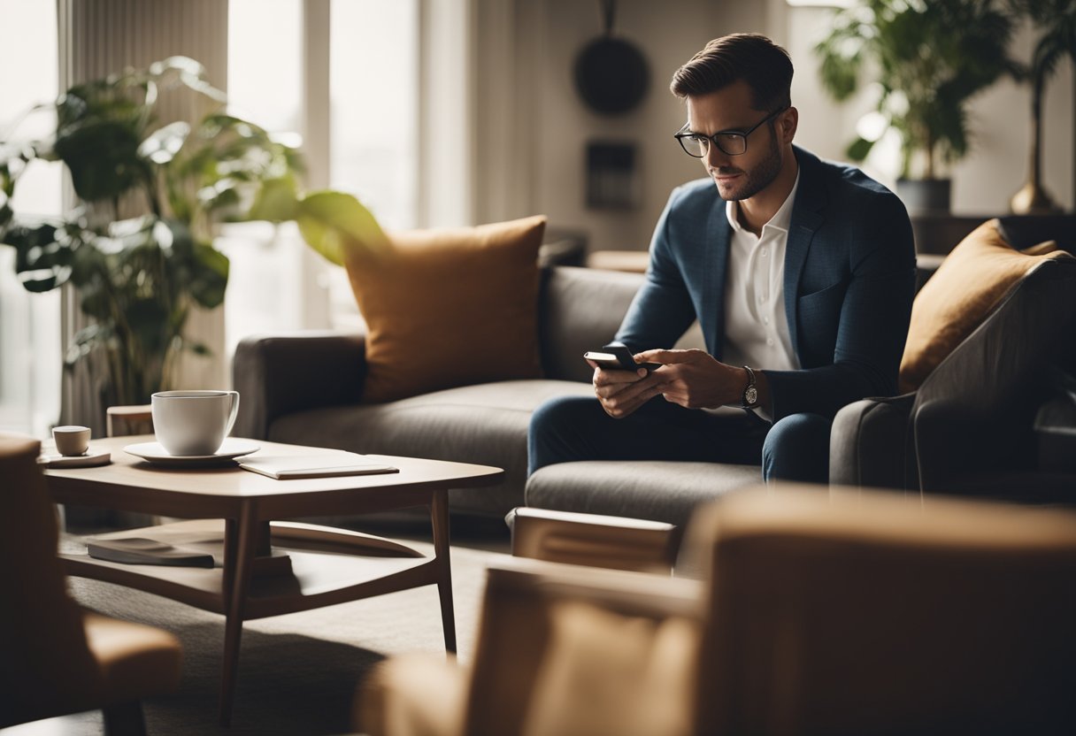 A room with mid-century furniture, a sleek sofa, and a coffee table. A person browsing through a list of frequently asked questions on a smartphone
