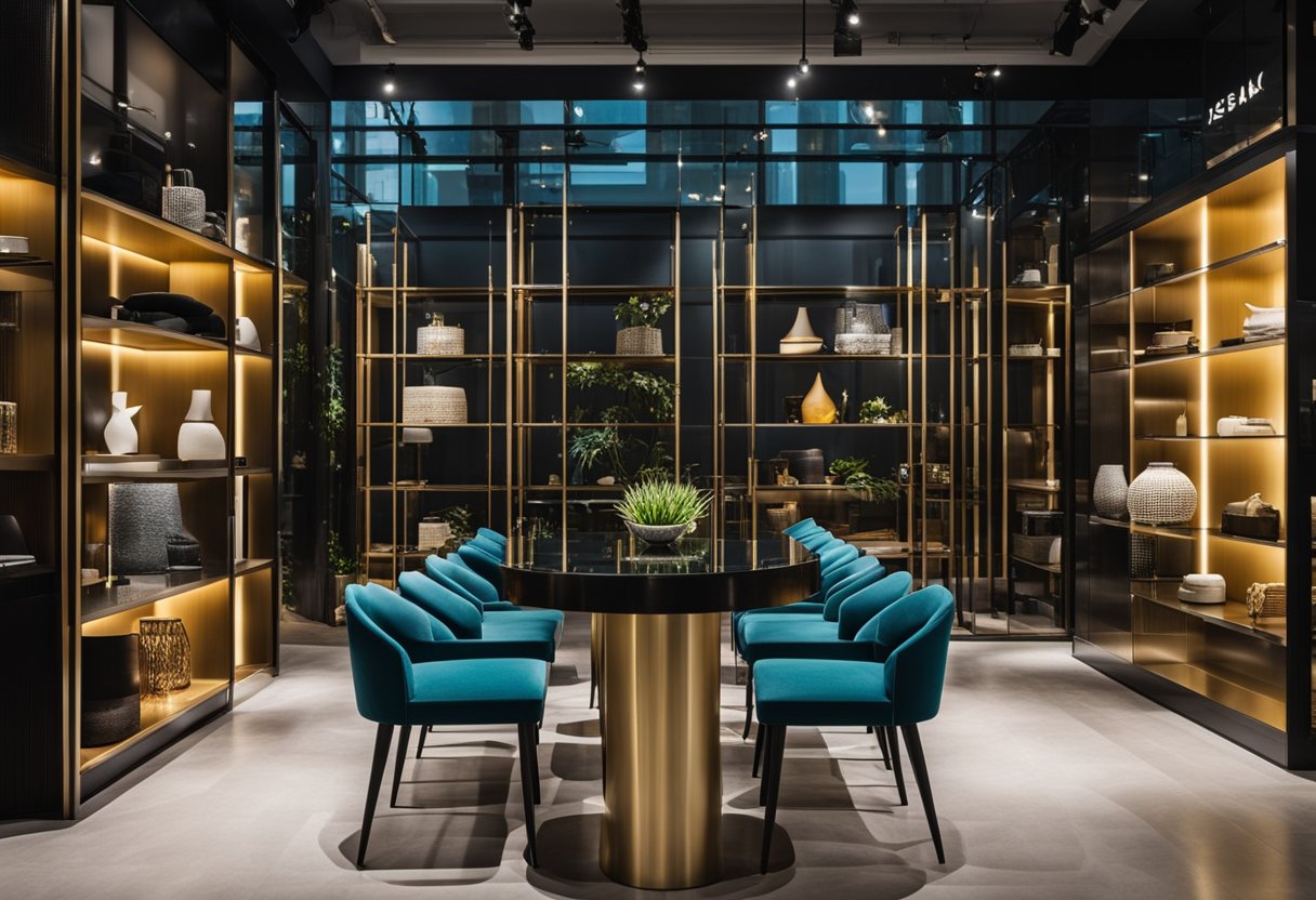 A modern furniture shop in Singapore showcases sleek designs and vibrant colors. Shelves display stylish decor and unique pieces, while customers browse the trendy displays