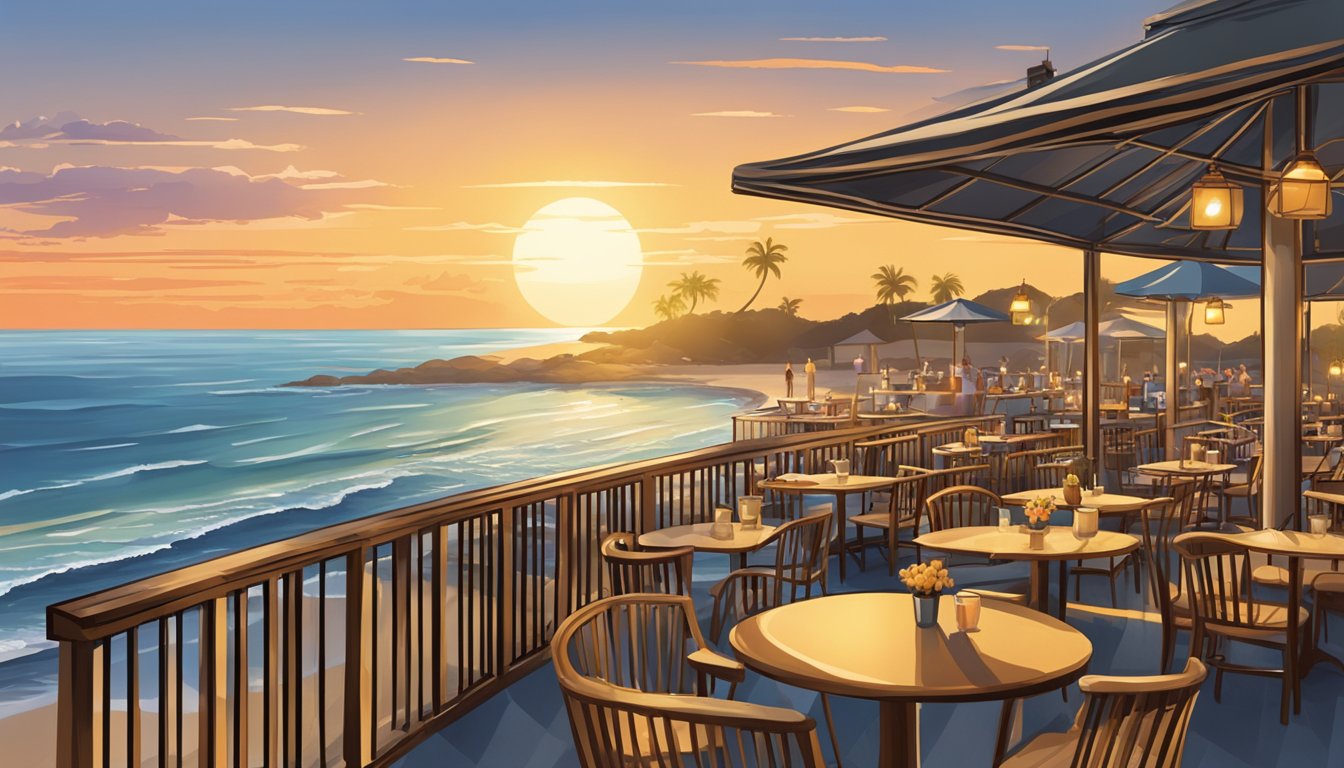 The sun sets over a bustling beachside restaurant, with tables set for diners and a view of the ocean