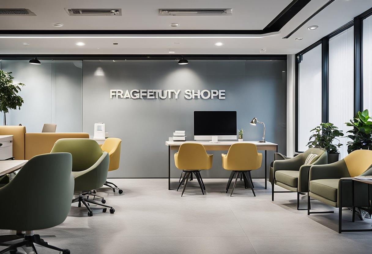Office space with modern furniture, computers, and a reception area. Bright lighting and clean, minimalist design. Signage with "Frequently Asked Questions budget office renovation singapore" prominently displayed
