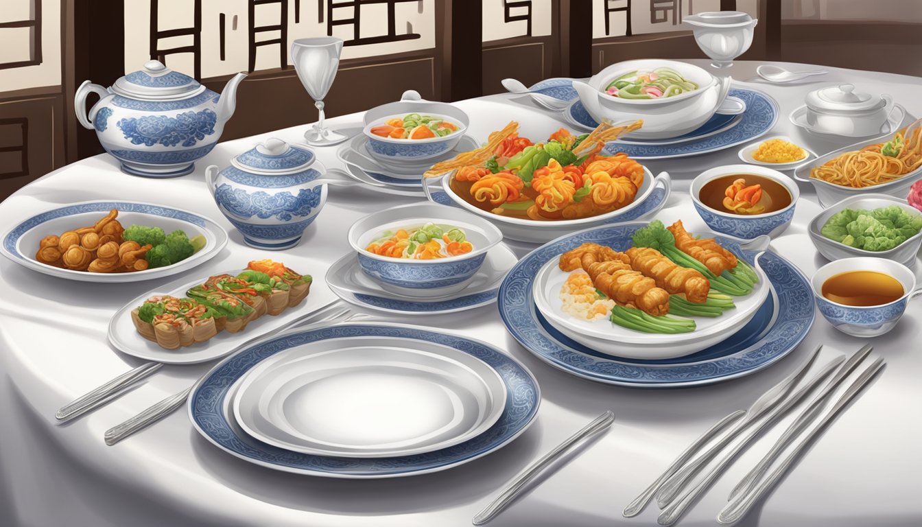 A table set with elegant, white tablecloth, adorned with exquisite Chinese cuisine and ornate tableware at Qian Xi restaurant