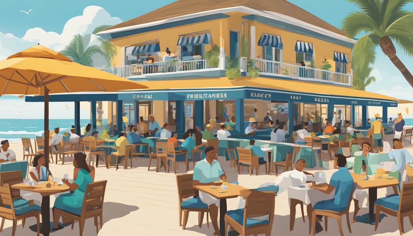 The beach restaurant buzzes with diners and staff. The sea glistens in the background, while palm trees sway in the breeze. A sign reads "Frequently Asked Questions" in bold letters