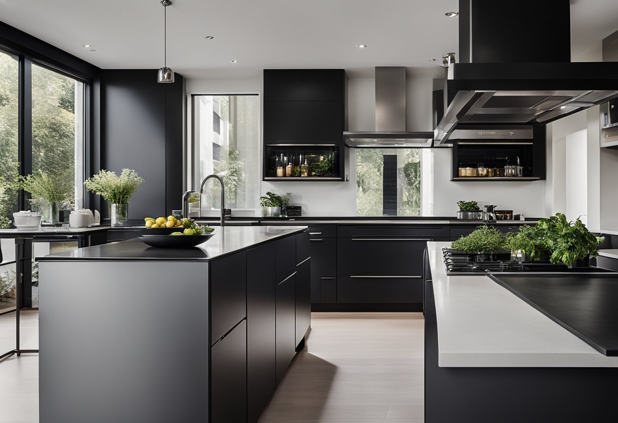 Sleek black cabinets, stainless steel appliances, and minimalist design in a modern kitchen