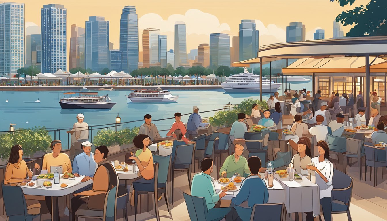 A bustling waterfront promenade lined with diverse restaurants and diners enjoying a variety of cuisines with a backdrop of skyscrapers and boats in the harbor