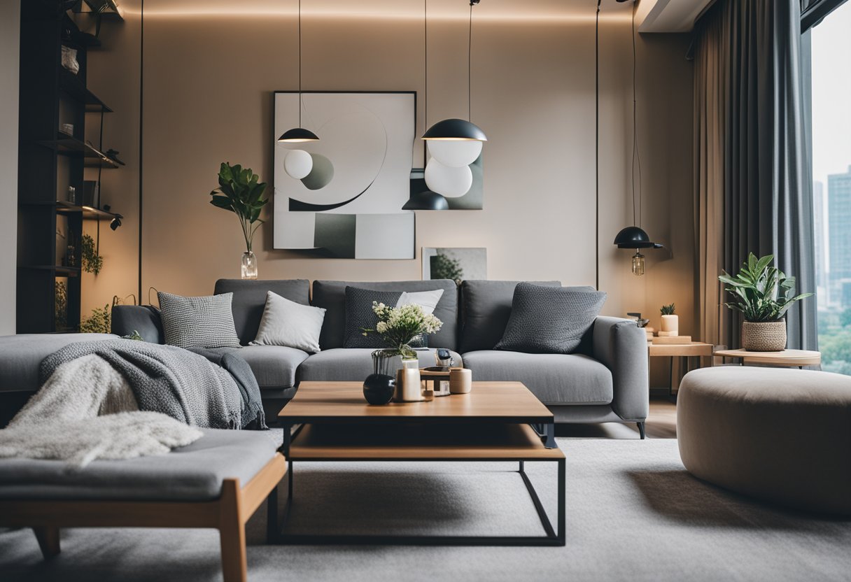 A cozy living room with stylish furniture from cool shops in Singapore, featuring a comfortable sofa, modern coffee table, and unique decor