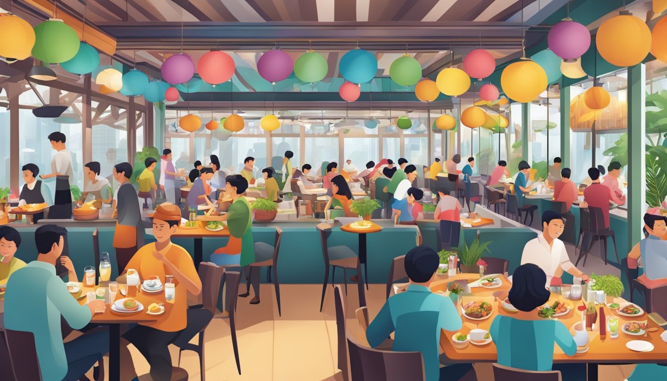 A bustling restaurant in Singapore with colorful decor and tables filled with diverse dishes