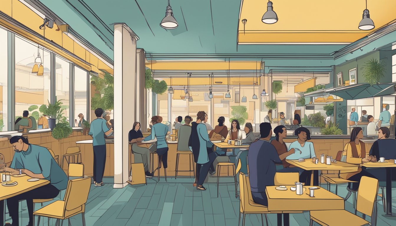 A bustling restaurant with a modern interior, filled with patrons enjoying their meals and chatting. A sign reading "Frequently Asked Questions" hangs near the entrance