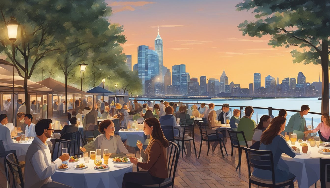 People dining at outdoor tables along Collyer Quay with a view of the waterfront and city skyline. Brightly lit restaurants and bustling activity
