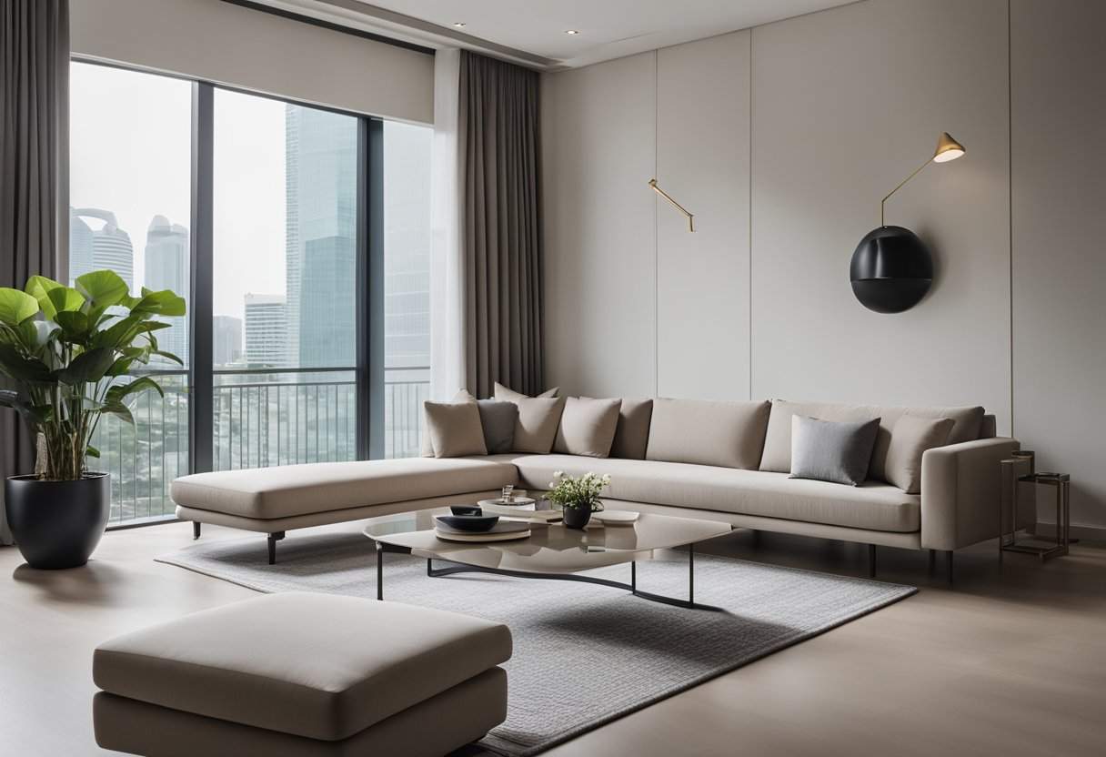 A sleek, minimalist living room with iconic modern classic furniture in Singapore. Clean lines, neutral colors, and a timeless aesthetic