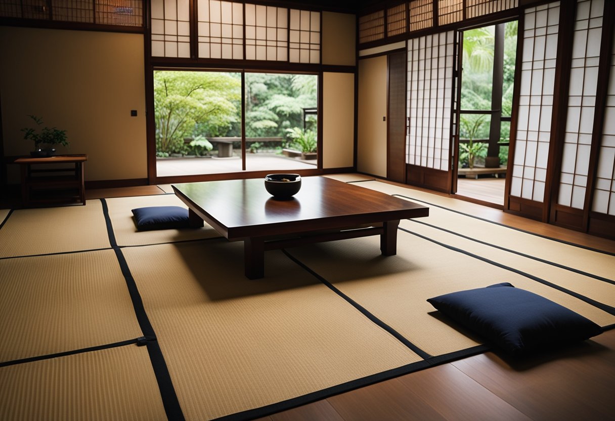 A serene tatami room with low wooden tables, floor cushions, and shoji screens in a traditional Japanese home in Singapore
