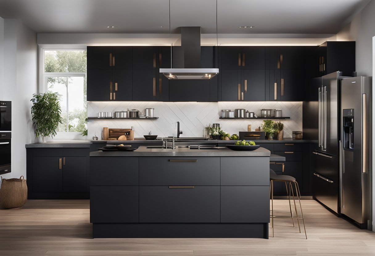A sleek black kitchen with minimalist cabinets, stainless steel appliances, and a large island with a waterfall countertop