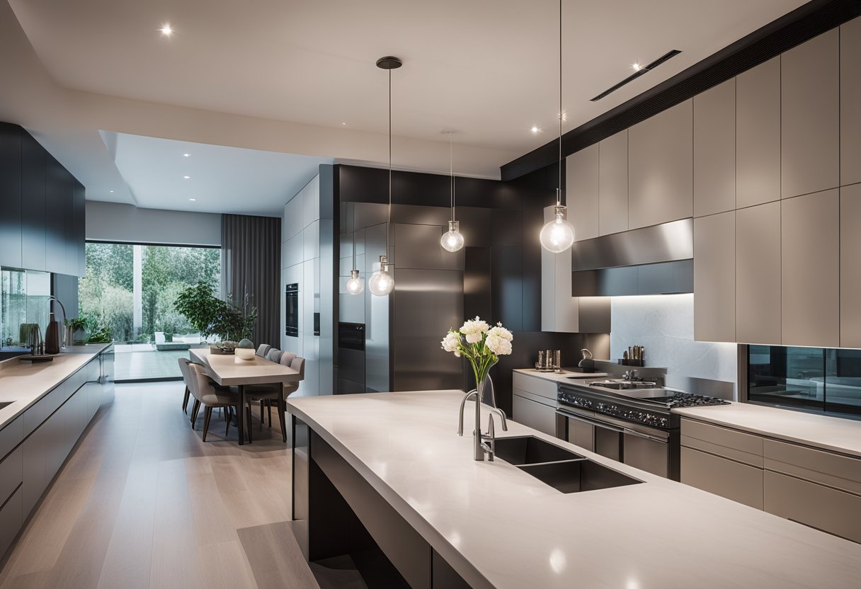 A modern kitchen and bathroom with sleek, minimalist design. Clean lines, neutral colors, and high-end fixtures create a sense of luxury and functionality