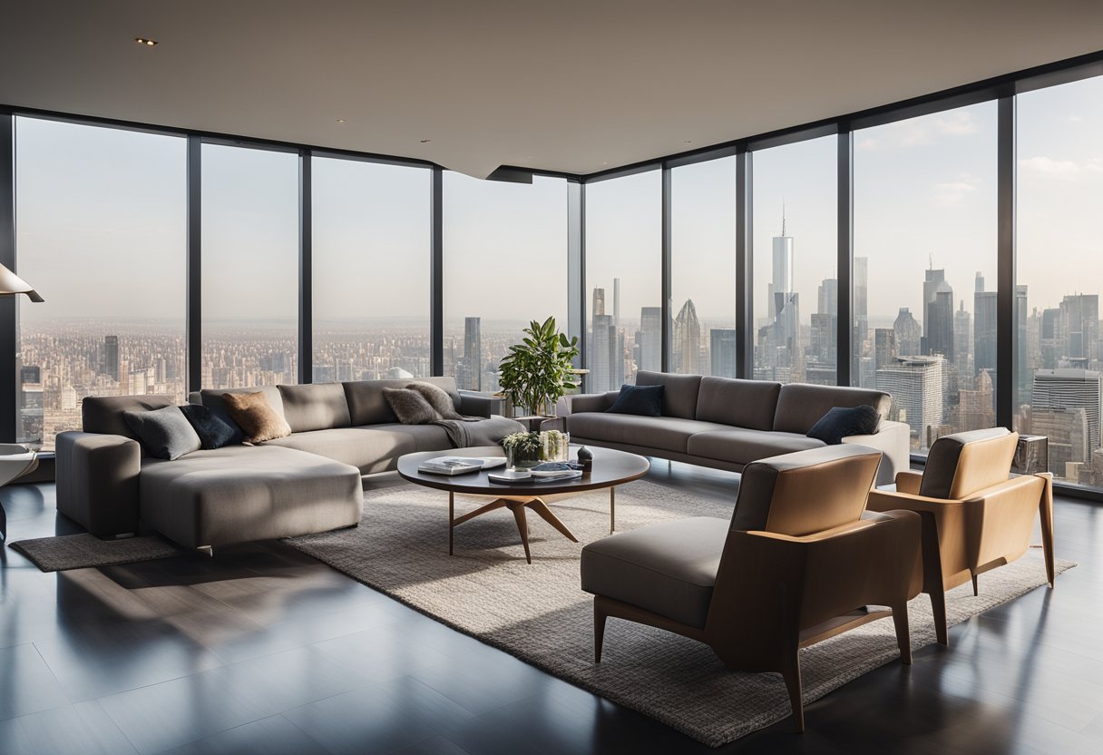 A sleek, minimalist living room with iconic modern classic furniture, bathed in natural light from floor-to-ceiling windows, overlooking the city skyline
