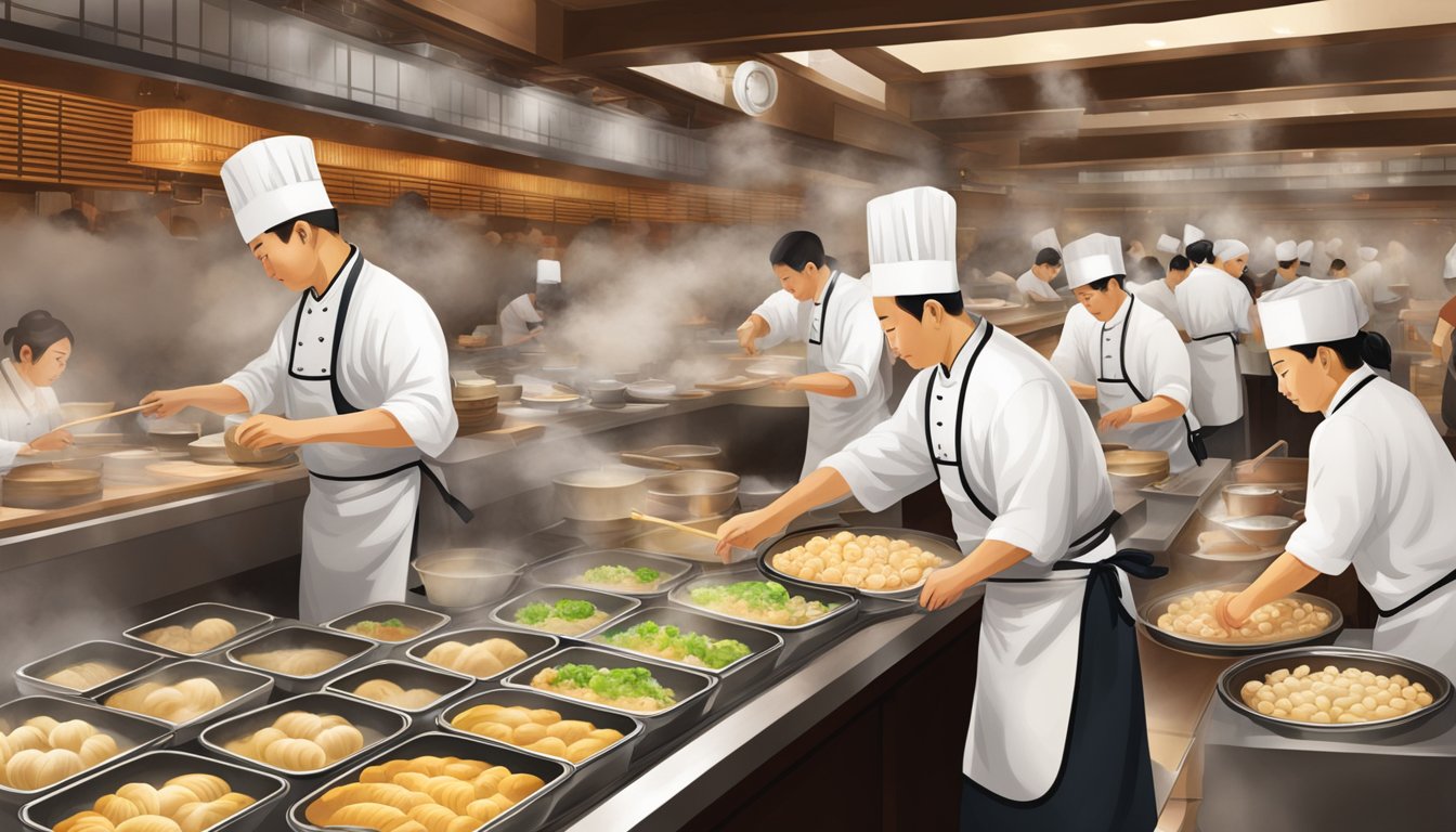 Din Tai Fung Fuxing restaurant bustling with customers, steam rising from bamboo steamers, chefs skillfully preparing dumplings