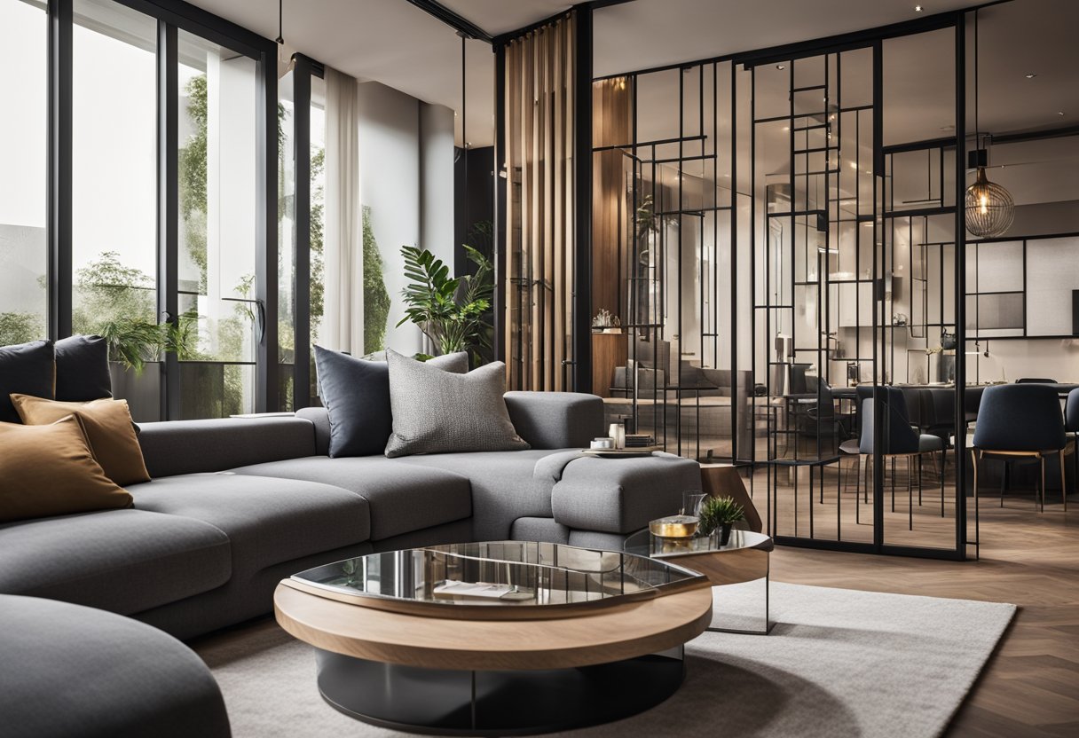 A modern living room with a sleek partition separating the seating area from the dining space. The partition features geometric patterns and a mix of materials like glass, wood, and metal