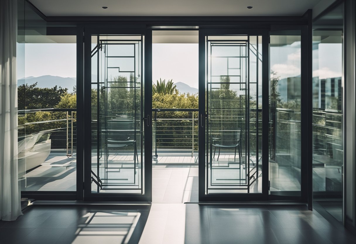 A modern balcony glass door with sleek metal frame and geometric patterns