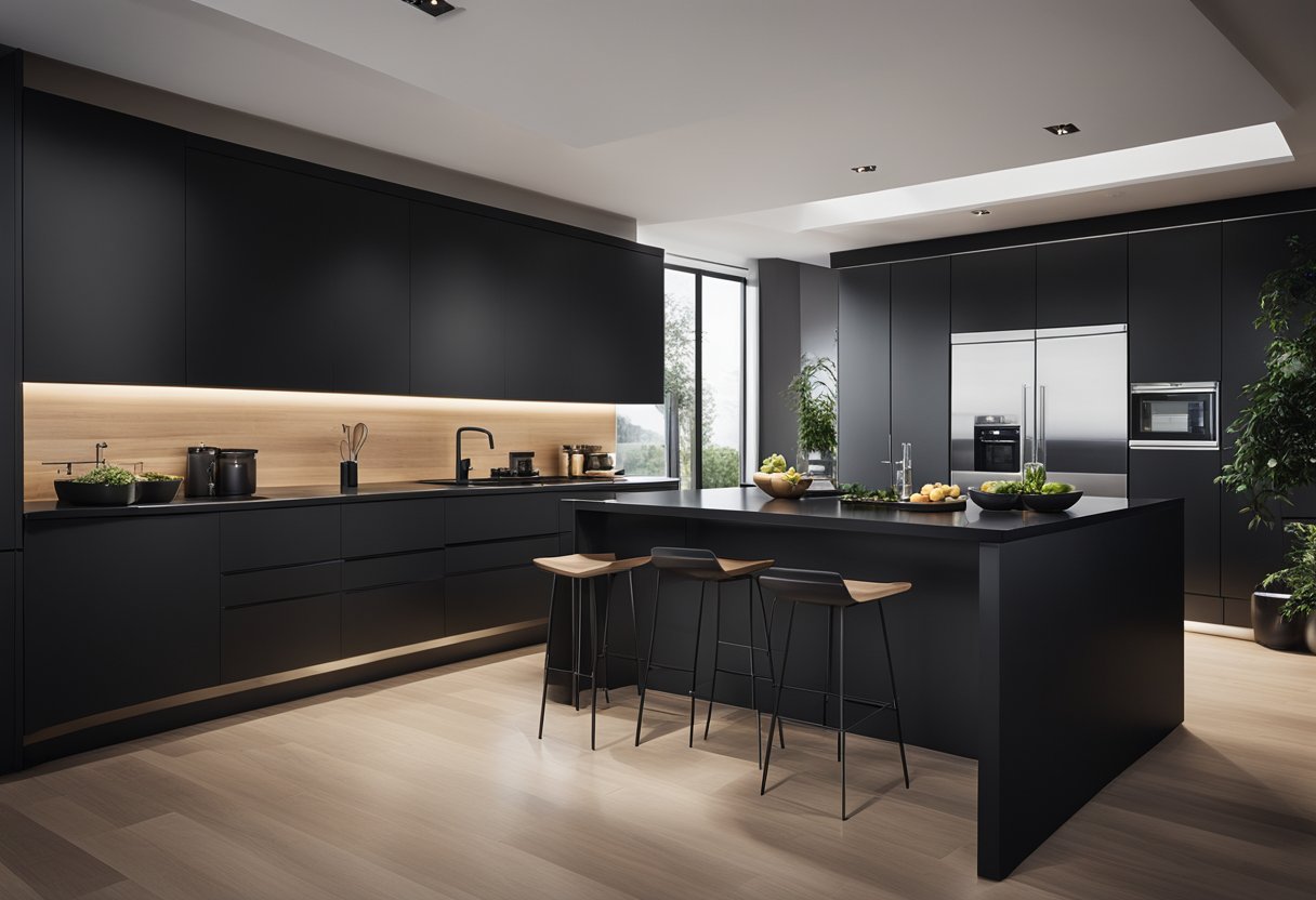 A sleek, black kitchen with clean lines and integrated appliances, maximizing space and functionality