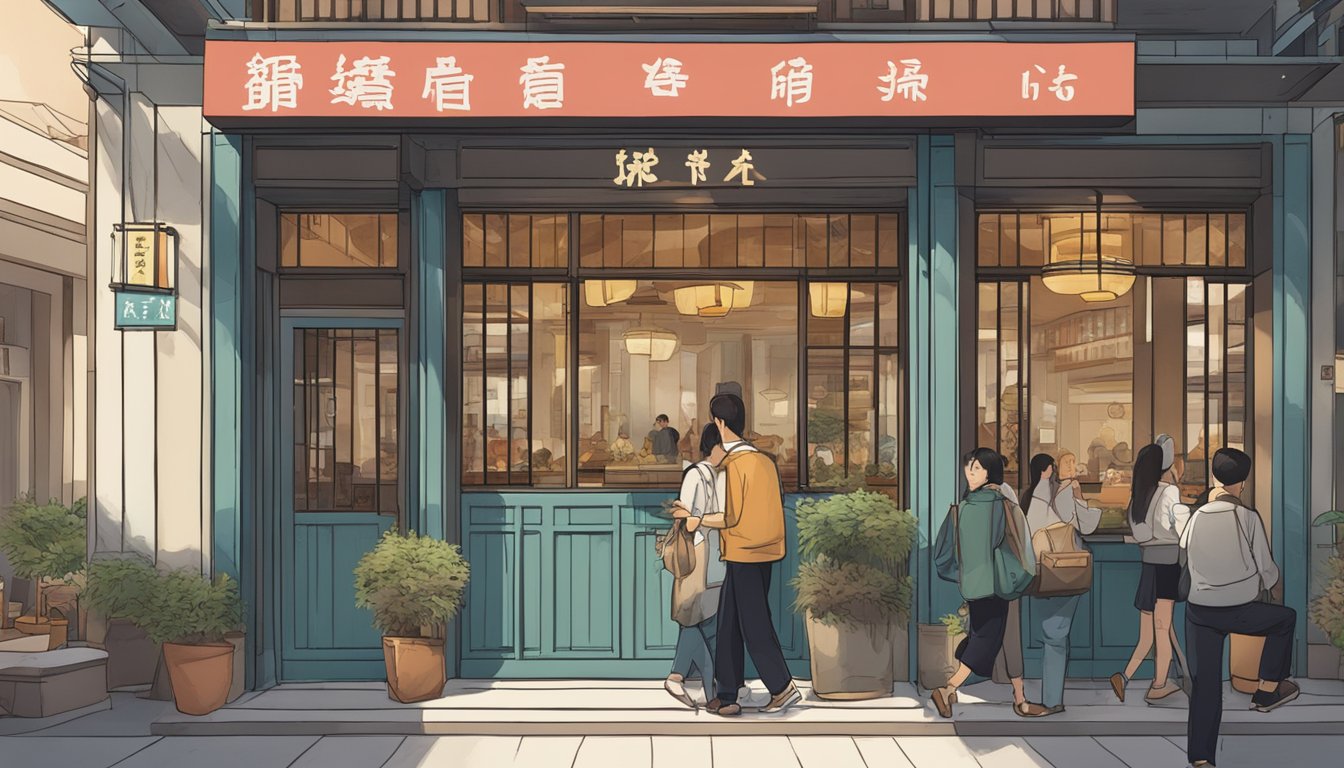 The exterior of Qian Xi Restaurant, with a sign displaying "Frequently Asked Questions" and people entering the building