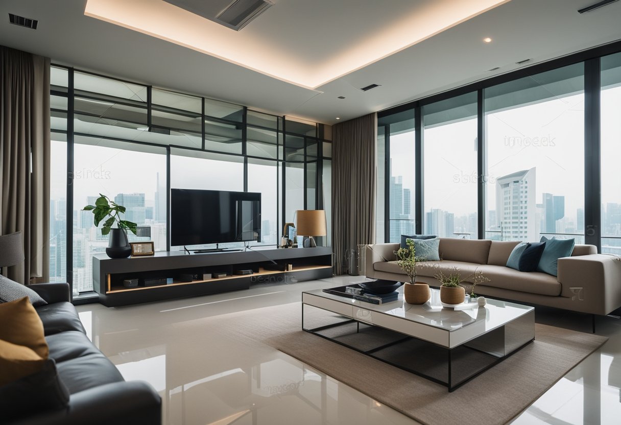 A modern living room in Singapore, featuring sleek and stylish furniture with clean lines and minimalist design