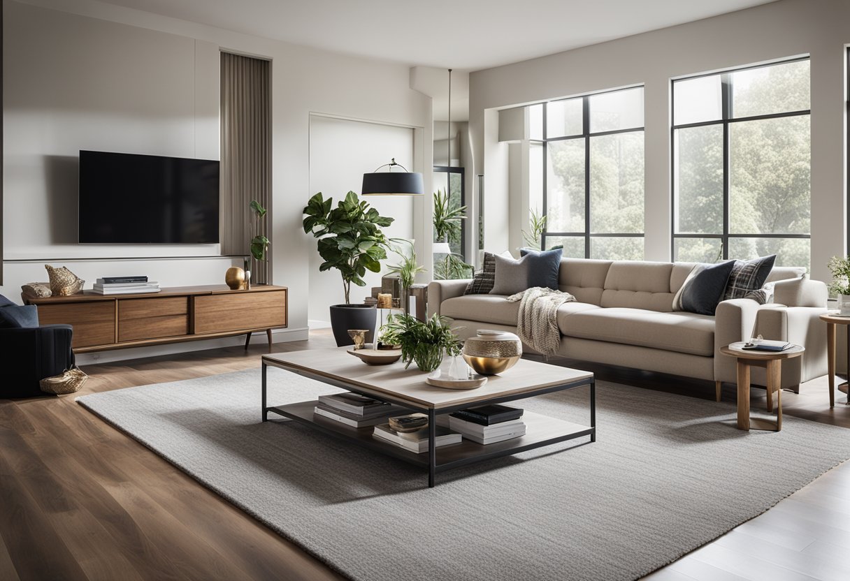 A living room with a mix of modern and classic furniture, featuring clean lines, neutral colors, and iconic design pieces