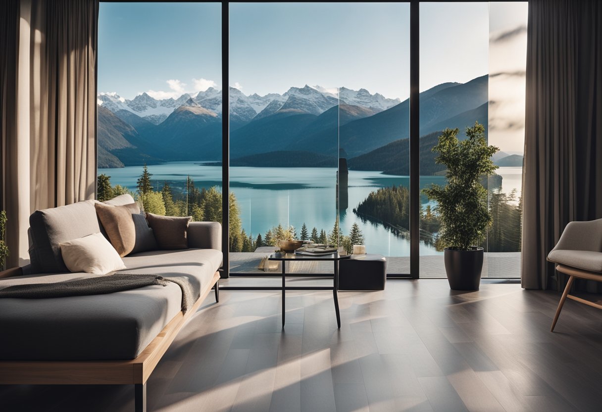 A modern balcony with sleek, floor-to-ceiling glass doors opening onto a scenic view of mountains and a serene lake