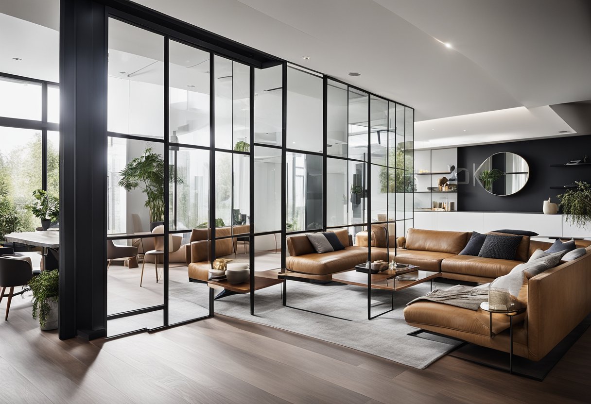 A modern living room with a sleek, floor-to-ceiling partition separating the space. The partition features a unique design, incorporating elements of glass, wood, and metal