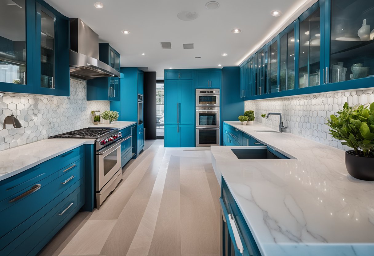 A modern kitchen bathroom design with vibrant colors and sleek materials. Bright blue cabinets contrast with white marble countertops. Glass tile backsplash adds a pop of color