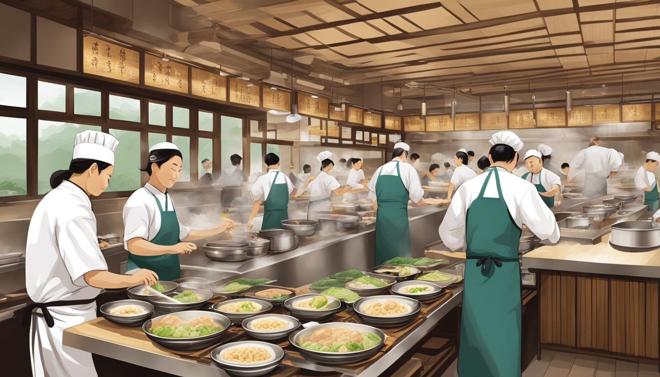 Customers enjoy a bustling atmosphere at Din Tai Fung Fuxing restaurant, with steaming dumplings on bamboo trays and chefs skillfully preparing dishes in the open kitchen