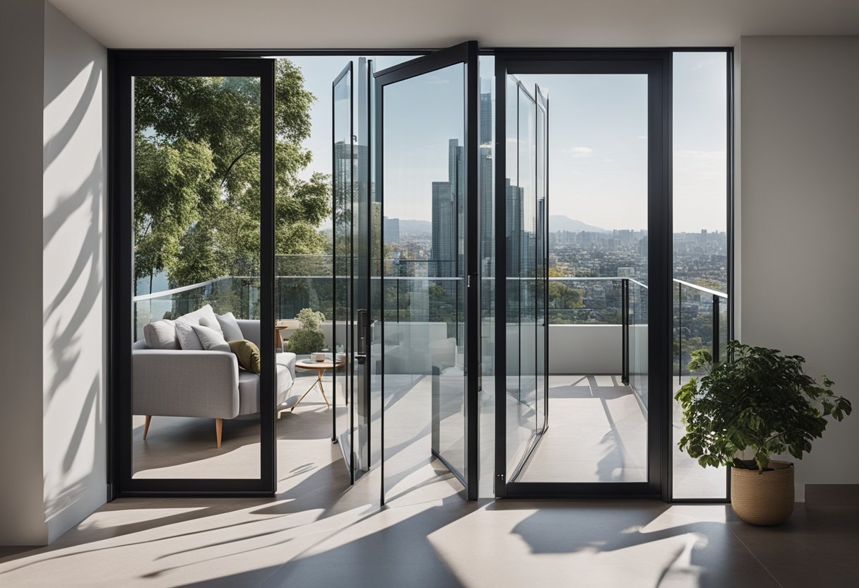 A modern glass door opens onto a spacious balcony, showcasing sleek and durable materials in its design
