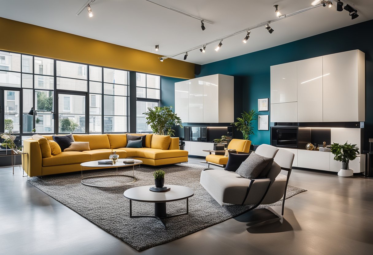 A bright, modern showroom filled with sleek, stylish furniture pieces. Clean lines, bold colors, and innovative designs create a trendy atmosphere