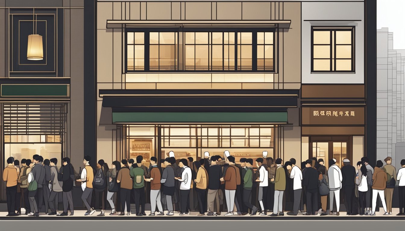 Customers line up outside the modern, sleek facade of Din Tai Fung Fuxing restaurant, eagerly awaiting their turn to experience the renowned culinary delights