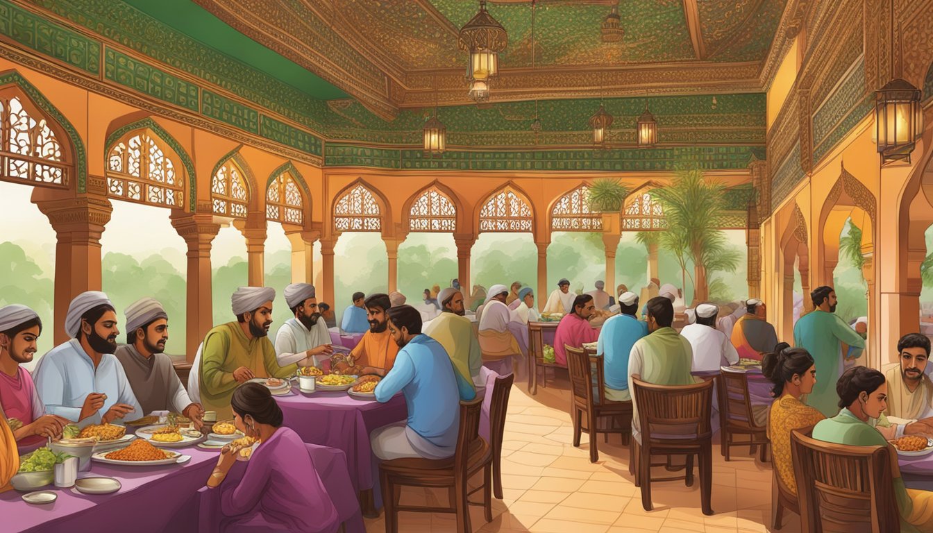 The bustling Awadh restaurant, filled with aromatic spices and vibrant colors, as diners enjoy traditional Indian cuisine