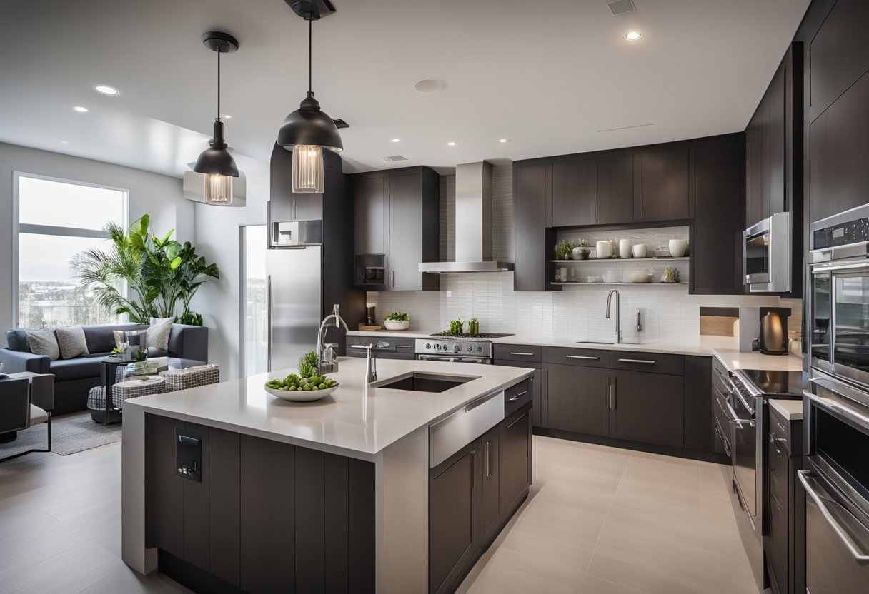 A modern kitchen and bathroom design with sleek countertops, stainless steel appliances, and a spacious layout