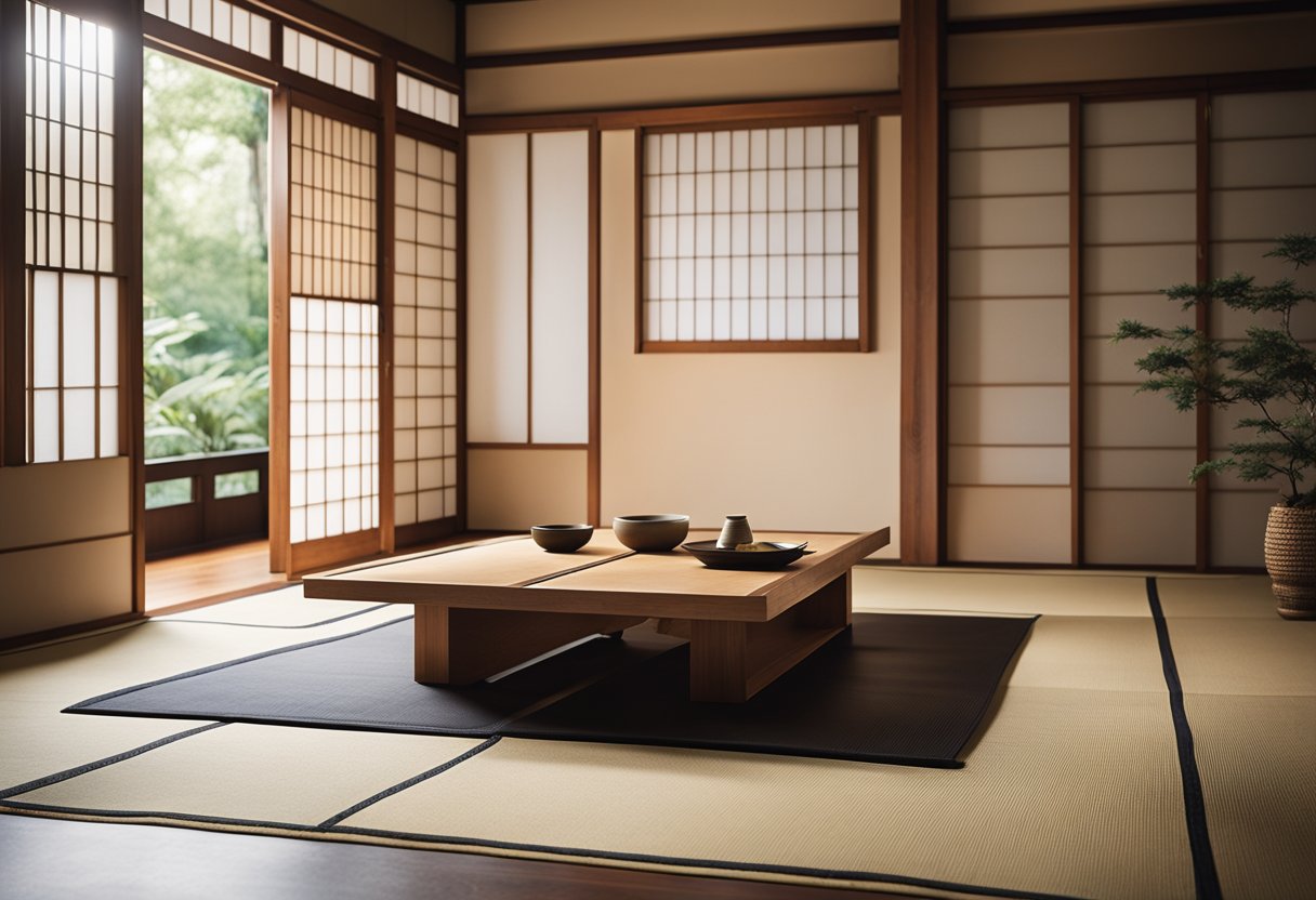 A serene Japanese-style room with minimalist furniture and traditional decor. A low wooden table with floor cushions, shoji screens, and a tatami mat floor