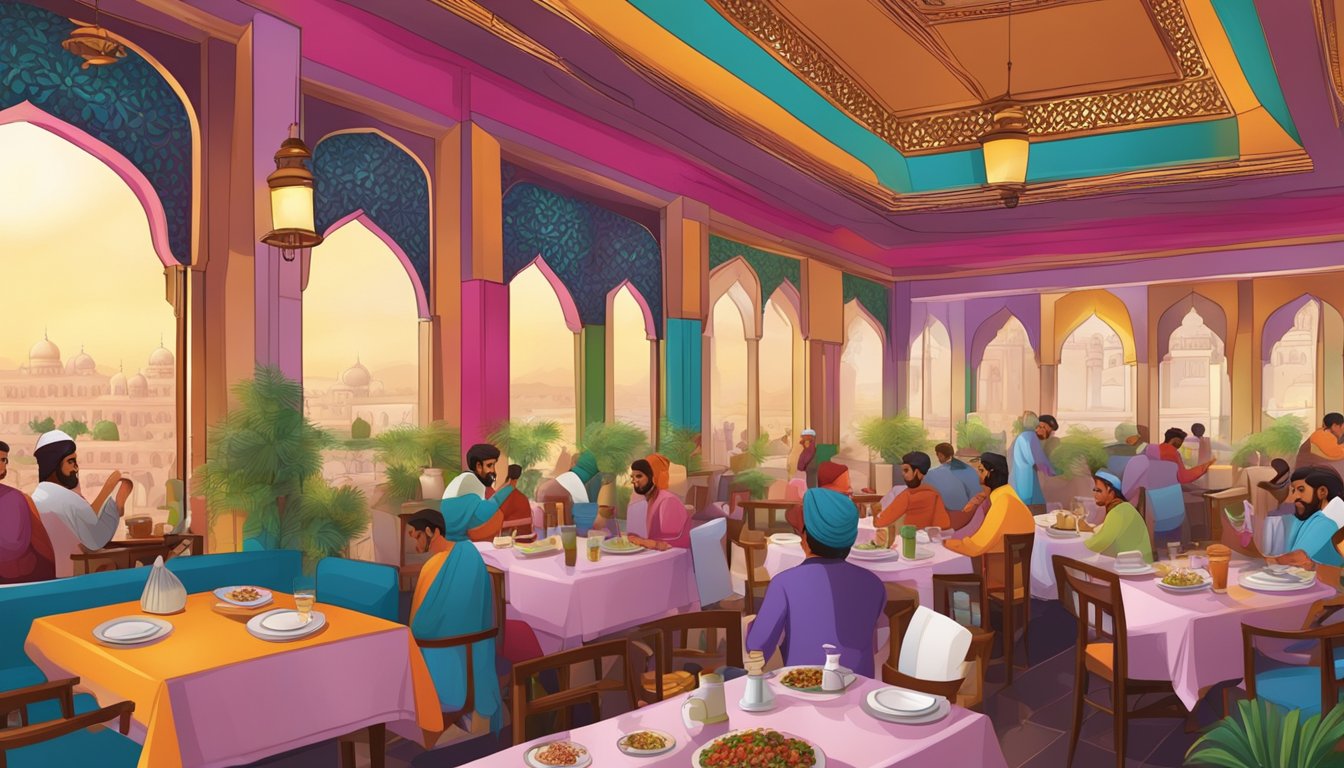 A bustling Awadh restaurant with colorful decor, aromatic spices, and sizzling dishes on the tables