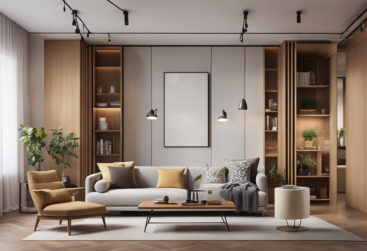 A cozy living room with a sleek, wooden partition separating the seating area from the dining space. The partition features built-in shelves and a combination of open and closed compartments