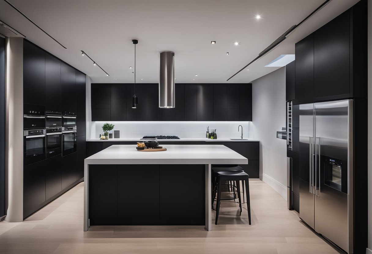 A sleek black kitchen with clean lines and modern appliances. Minimalist design with ample storage and integrated lighting