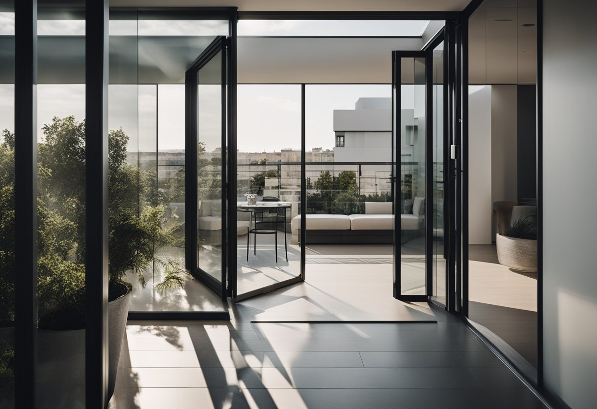 A modern balcony with a sleek, transparent glass door, showcasing a minimalist design with clean lines and a seamless integration with the surrounding architecture