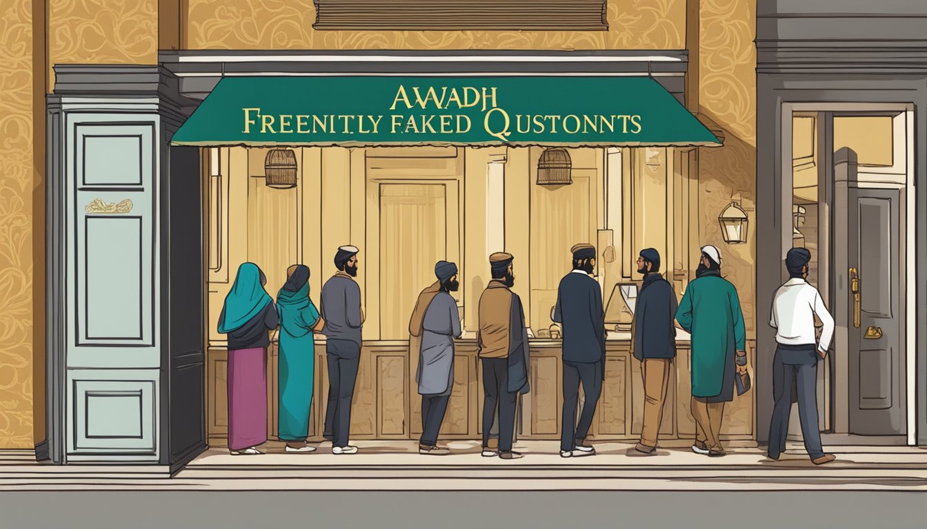 Customers lined up at the entrance of Awadh restaurant, with a sign displaying "Frequently Asked Questions" on the wall